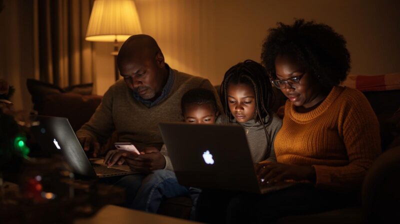 A South African family at home during December, laptops and phones in use, subtle digital security icons surrounding devices, warm festive atmosphere, realistic style.