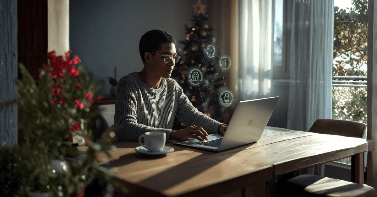 A South African professional working remotely from home during December, laptop on dining table, subtle festive décor, sunlight, fibre router visible, cybersecurity icons overlay, realistic modern style.