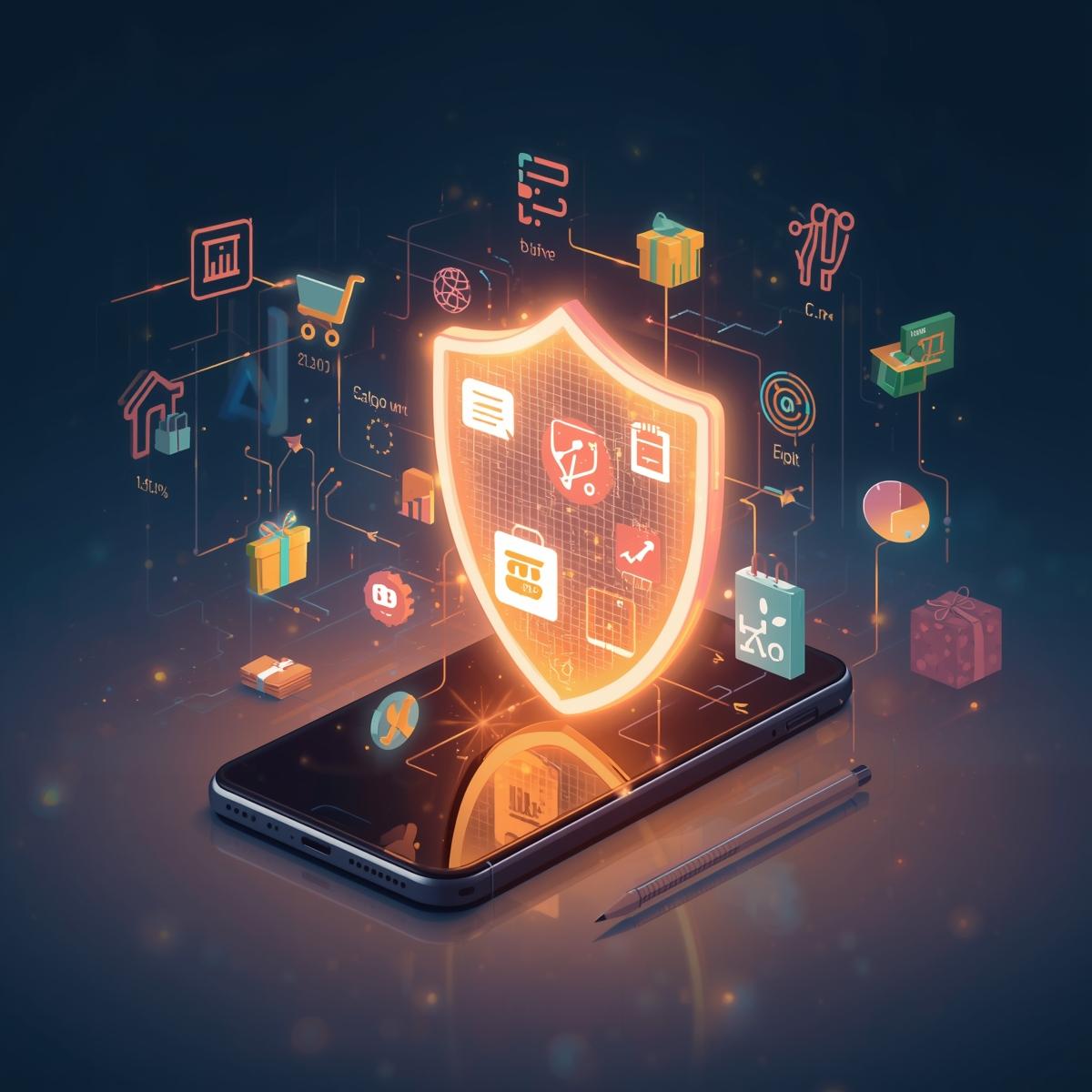 Illustration showing online shopping icons protected by a digital shield, South African context, mobile-first visual, festive but professional tone.