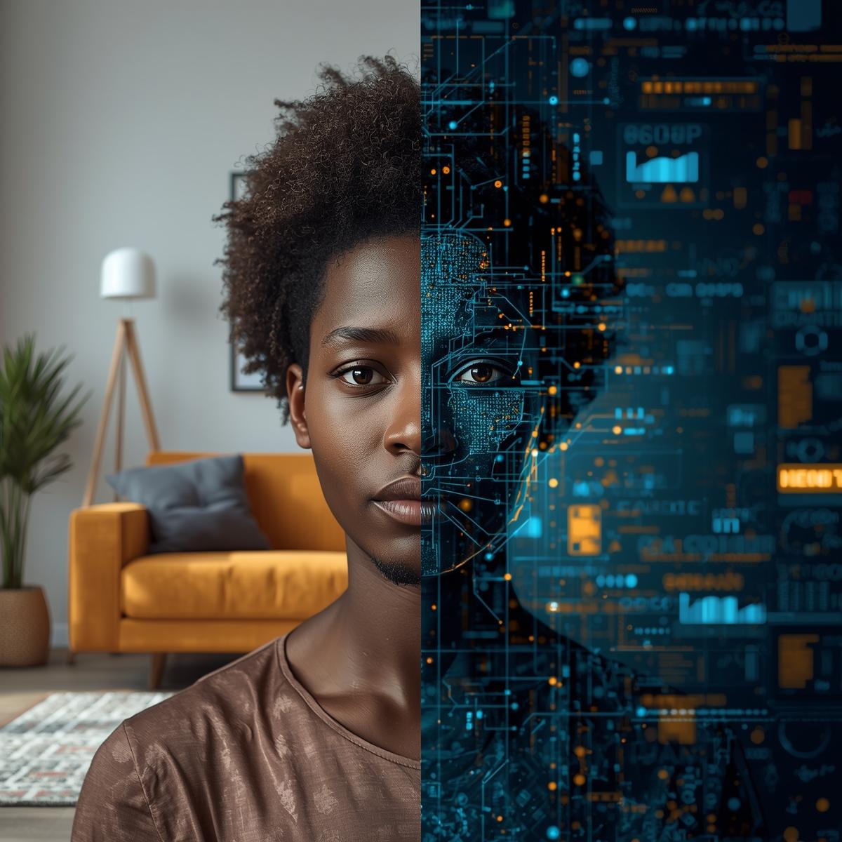 Split image of relaxed home environment vs blocked cyber threats, modern cybersecurity visual, African home interior, human-focused design.