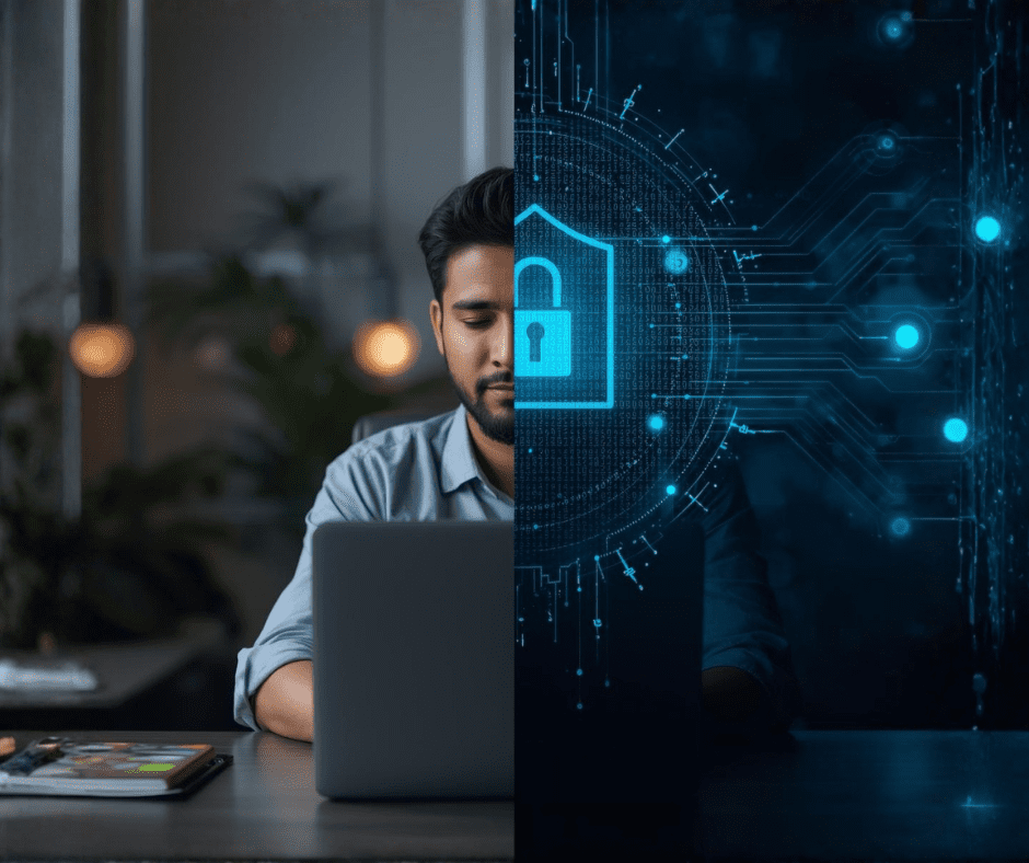 Split scene showing relaxed remote worker on one side and cyber threats blocked by a digital firewall on the other, South African home environment, high-tech yet human visual.